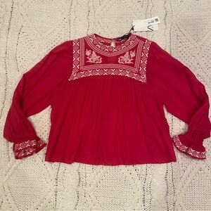 Zara hot pink Blouse with White Mexican Embroidery
